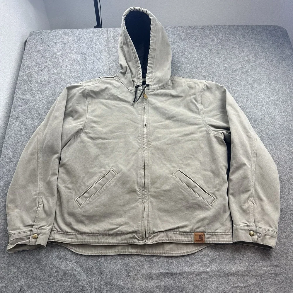 Carhartt Washed Duck Jacket Mens L Desert Quilt Lined Hood 100733 Distressed